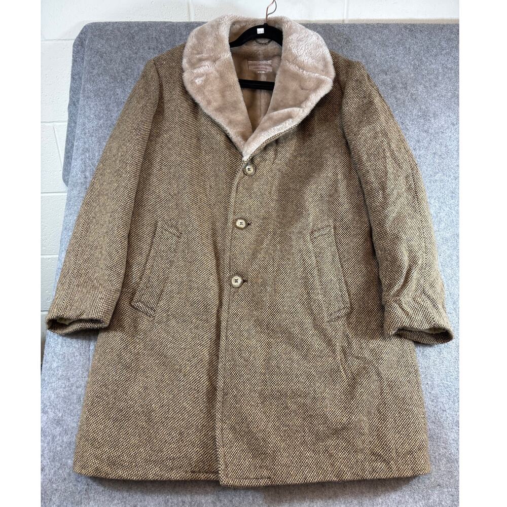 VINTAGE Marshall Field & Co Wool Coat Mens 42L Brown Shearling Lined Overcoat